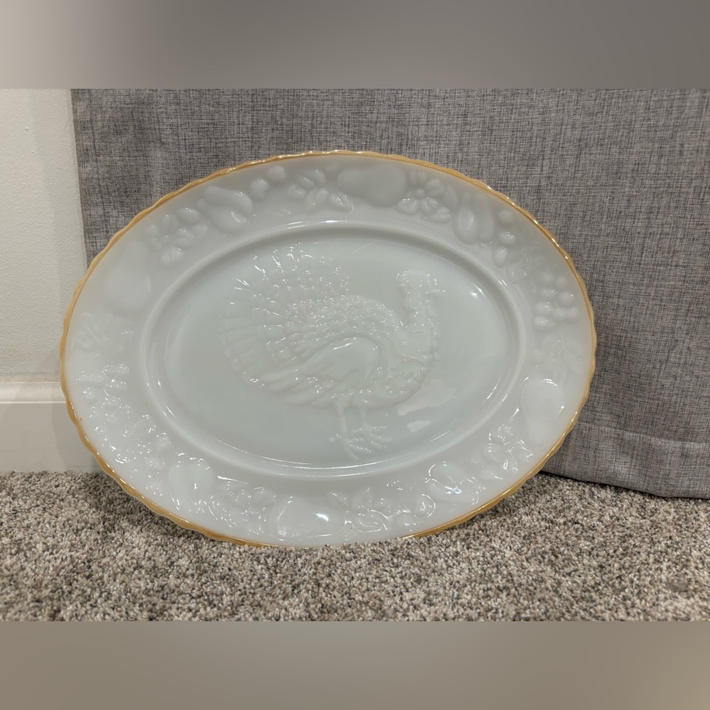 Vintage Anchor Hocking Milk Glass Serving Platter featuring an Embossed Turkey
